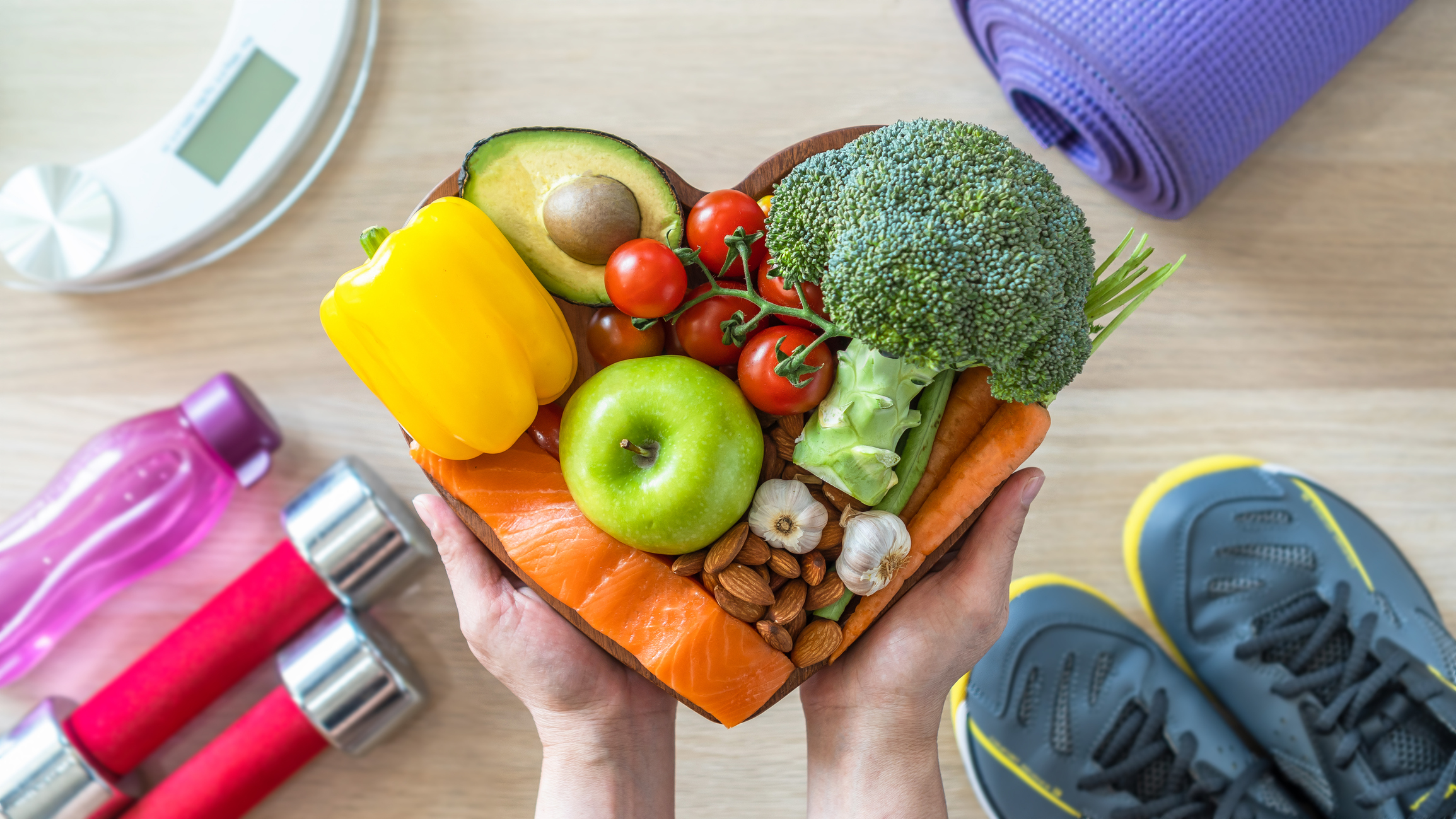 Healthy lifestyle on ketogenic diet, eating clean keto food good health dietary in heart dish with aerobic body exercise, gym workout training class , weight scale and sports shoes in fitness center رژیم مَستر دایت - تصویر 1